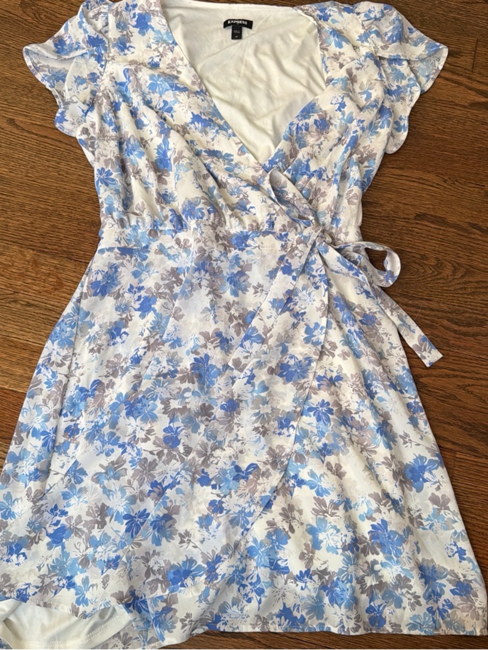 Express White Wrap Midi Dress with Blue and Gray Floral Print